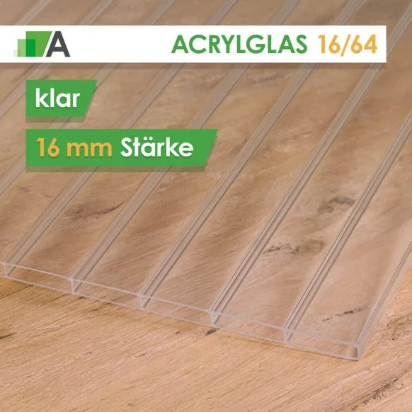 Acrylglas Breitkammer-Doppelstegplatte klar 16/96, 16 mm stark, 2-fach