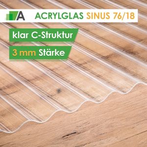 Acrylglas Wellplatten Sinus 76/18 - klar C-Struktur - 3 mm stark - 1045 mm Breit